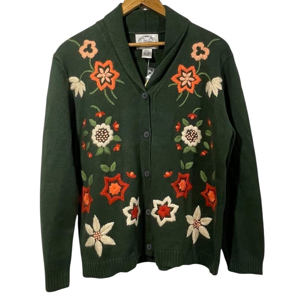 Stitches In Time Green Floral Embroidered Cardigan Shawl Collar Cottagecore NWT